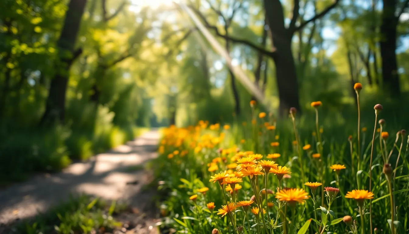 Colorful Wildflowers in Sunlit Forest
