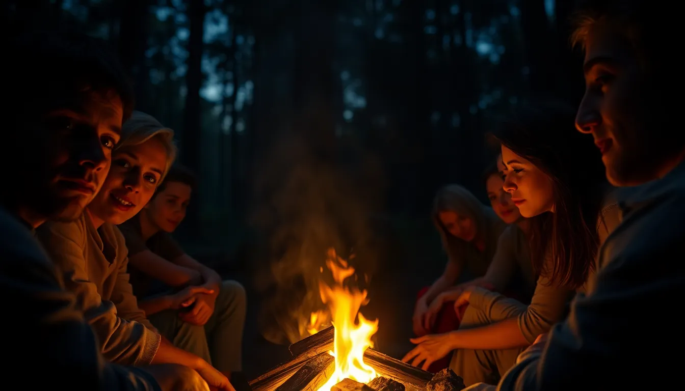 Campfire Gathering in the Forest This evocative image captures a group of people gathered around a campfire in a forest, illuminated by warm firelight. The cozy atmosphere is enhanced by flickering shadows dancing across their faces, emphasizing their natural skin textures. The centered composition draws the viewer into the intimate gathering, while the surrounding trees fade into the darkness of night. A perfect representation of camaraderie and warmth found in nature.