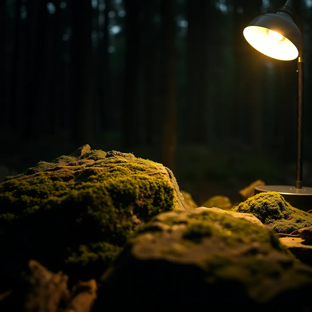 Moss-Covered Fallen Tree in Forest This striking image captures a fallen tree trunk in a serene forest, adorned with vibrant green moss. The warm tungsten lighting creates a cozy atmosphere, contrasting beautifully with the natural muted tones. The Dutch angle adds a sense of dynamic tension, inviting curiosity about the scene. Rich textures of the wet bark and moss come to life, immersing viewers in the lush forest environment.