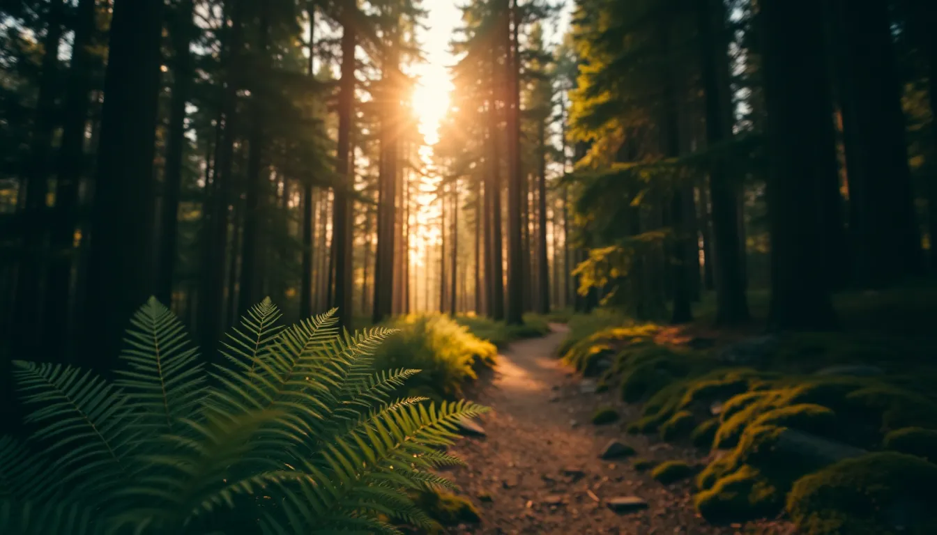 Sunlit Forest Trail with Ferns and Pines
