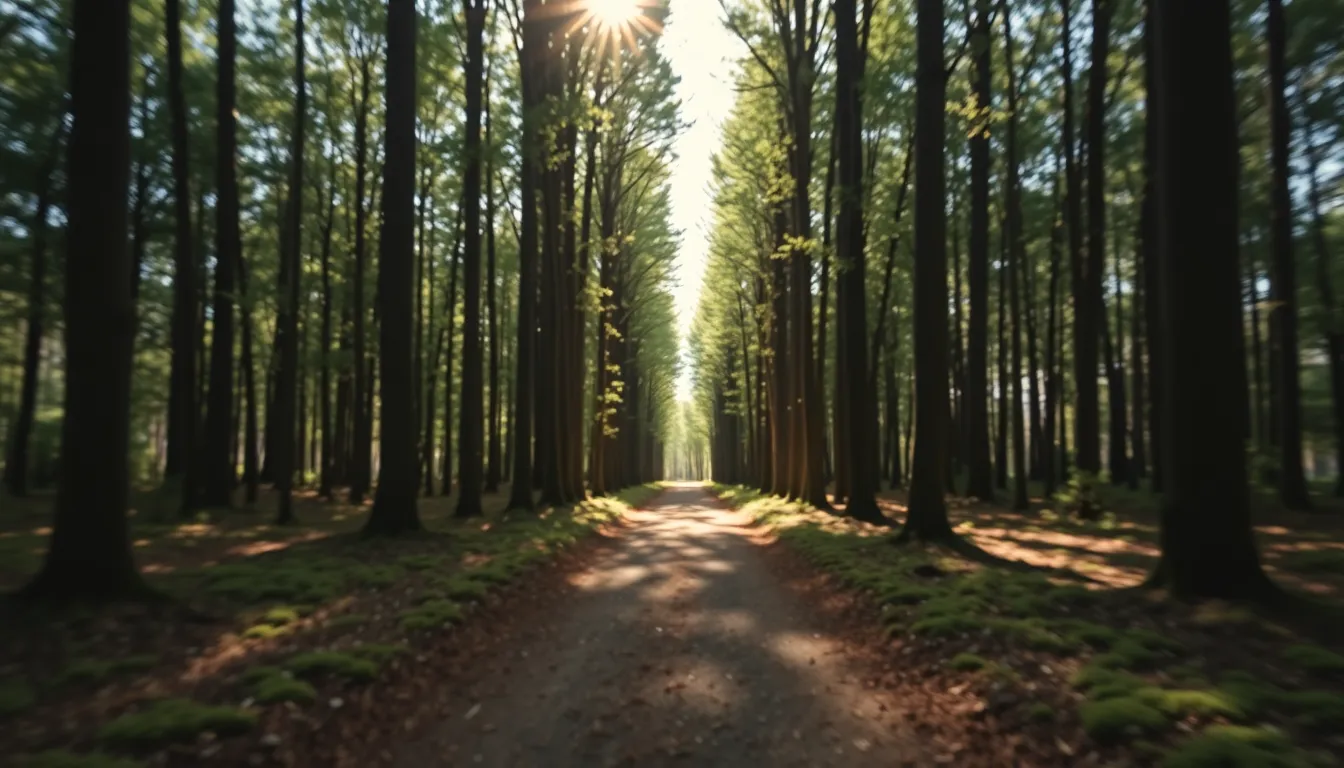 Winding Path Through a Serene Forest This serene image captures a winding path through a lush forest, illuminated by dappled sunlight filtering through the canopy. The center composition draws the viewer's eye down the path, inviting exploration. The natural muted tones emphasize the tranquility of the scene, with the textures of the forest floor vividly depicted in sharp detail. A perfect representation of the beauty and peace found within nature.