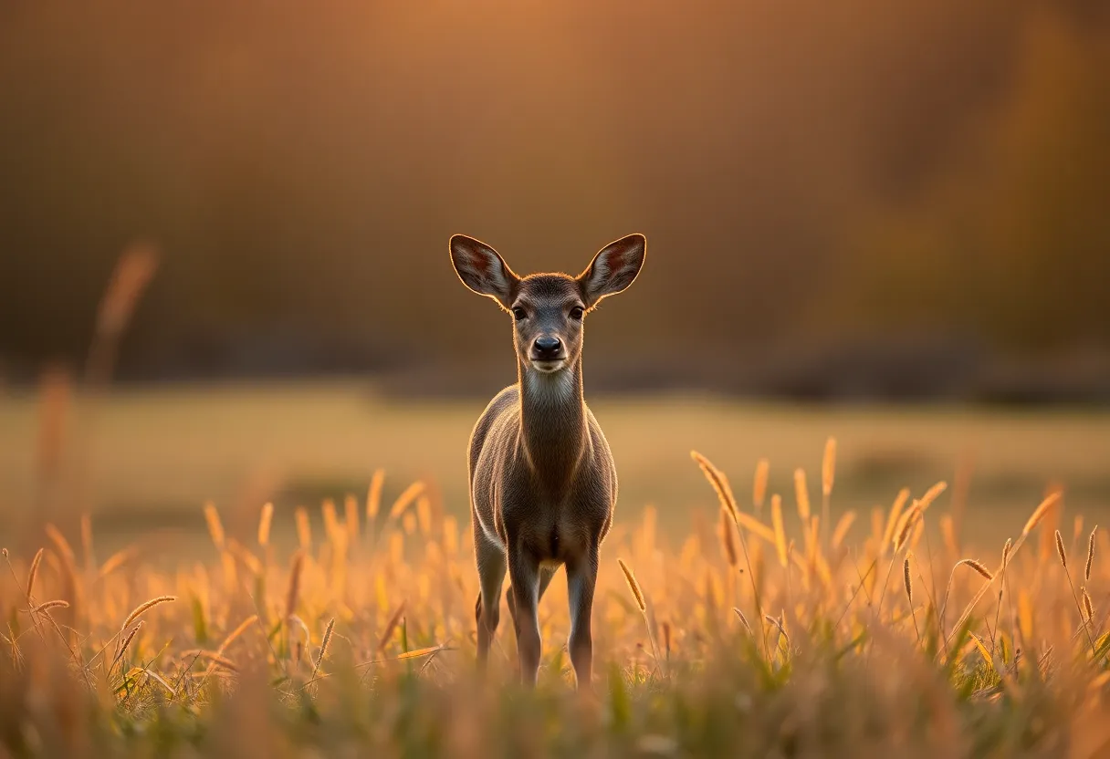 Deer in Forest Clearing at Golden Hour This striking image features a deer gracefully positioned in a forest clearing during the golden hour. The warm backlighting creates a soft rim around the deer, enhancing its form against a beautifully blurred background of trees and grass. The use of selective focus brings attention to the subject, evoking a sense of tranquility and connection with nature. The warm Kodak Portra color palette beautifully enriches the scene.