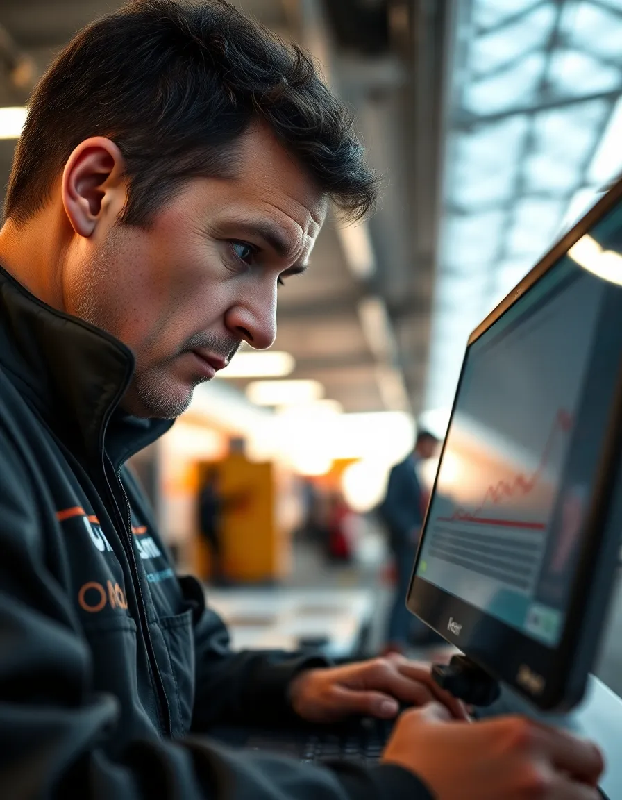 Race Engineer Analyzing Data During Pit Stop An intimate close-up of a race engineer immersed in data analysis within the pit lane. The scene captures the tension and focus during a Formula 1 race, illuminated by bright overhead lights. With charts reflecting on the laptop screen, the image highlights the critical role of analytics in racing strategy. The muted colors and professional setting create a captivating mood, showcasing the behind-the-scenes excitement.