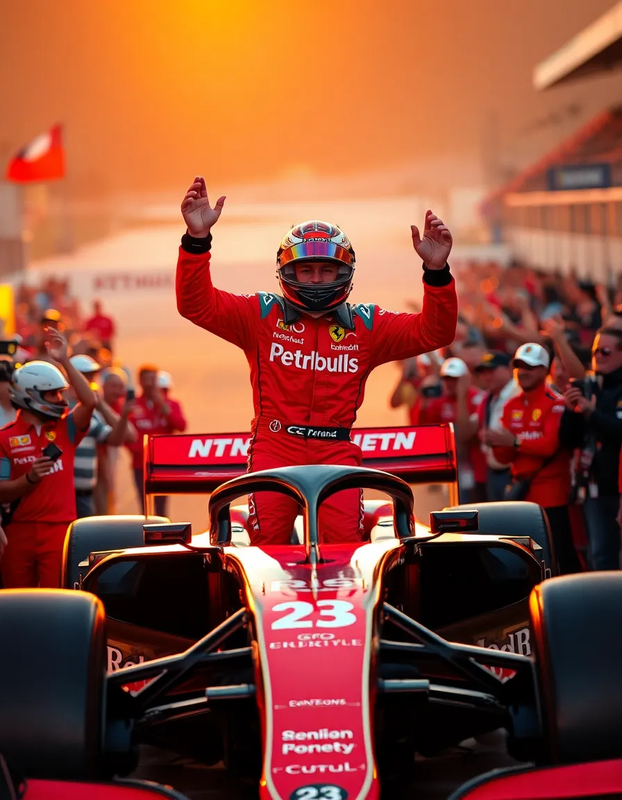 A victorious Formula 1 driver steps out of their car on the podium, basking in the warm glow of golden hour light. Their jubilation is palpable, surrounded by cheering teammates and an ecstatic crowd. The hyperfocal depth of field ensures sharp focus on both the driver and the vibrant audience. The warm color palette of reds and golds enhances the celebratory mood, capturing the essence of triumph in motorsport.