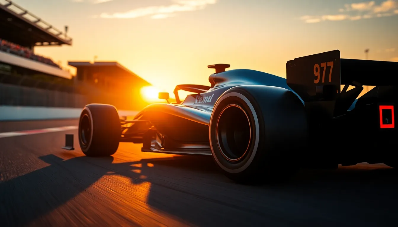 Dynamic Formula 1 Car Racing at Sunset