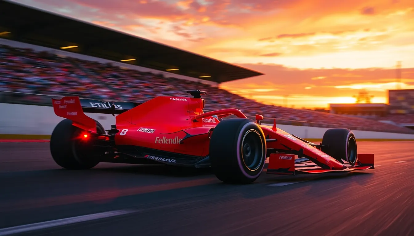 A thrilling Formula 1 car speeds around the track at sunset, with vibrant orange and purple skies creating a dramatic backdrop. The dynamic motion blur captures the adrenaline of the race, while the car's glossy surface reflects the colors of the sky. The focused details on the car contrast against the blurred crowd in the background. This image perfectly encapsulates the excitement and energy of Formula 1 racing.