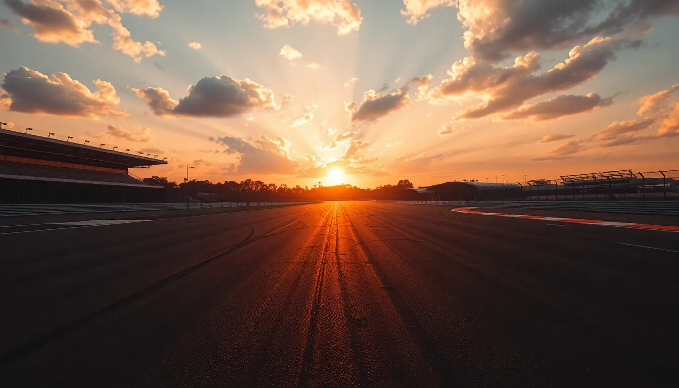 A stunning sunset view captures the essence of a deserted Formula 1 racetrack, with a dramatic sky painted in oranges, purples, and blues. Tire marks etched into the asphalt lead the eye towards the horizon, creating a sense of depth and mystery. Dappled sunlight filters through clouds, casting warmth over the scene, while the medium format captures intricate textures. This image beautifully encapsulates the serenity and excitement of motorsport at twilight.