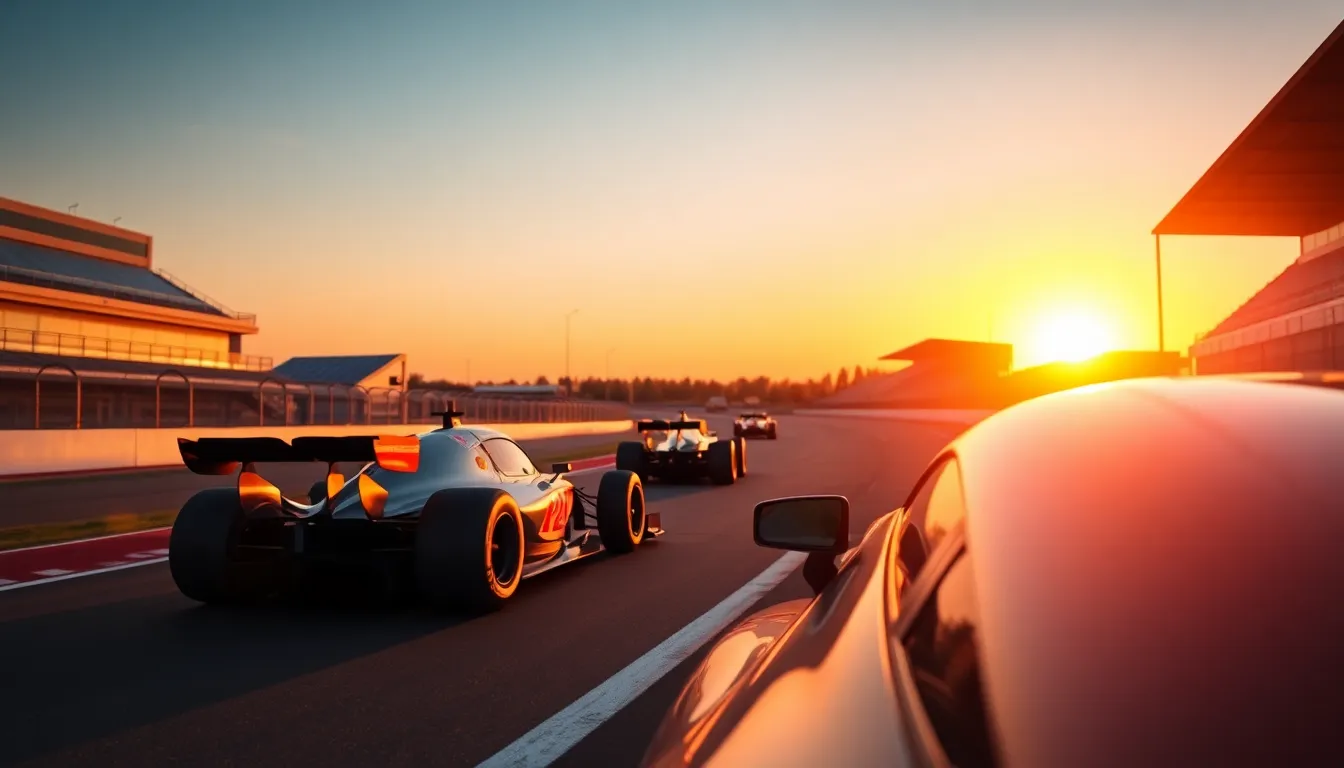 Sunset Over Formula 1 Racetrack This breathtaking image captures the beauty of a Formula 1 racetrack at sunset, with cars racing under the warm golden light. The interplay of colors creates a stunning visual, with deep oranges contrasting against the asphalt. The composition skillfully employs leading lines of the track, guiding the viewer's eye toward the horizon where the sun sets, highlighting the thrill of racing. The perfect clarity from foreground to background reveals the intricate details of the cars and track, immersing viewers in the excitement of motorsport.