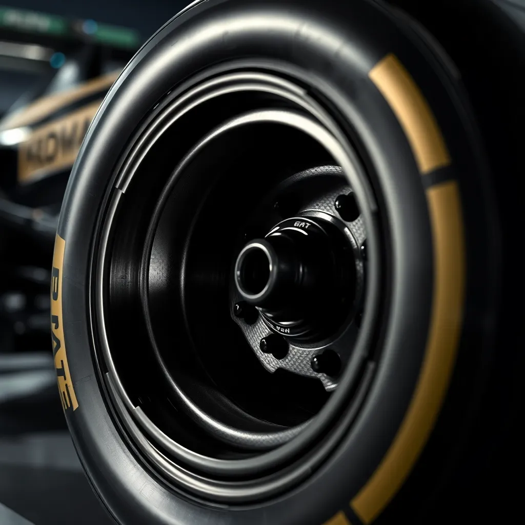 An intimate close-up captures the intricate details of a Formula 1 tire and wheel assembly, showcasing the advanced engineering and materials involved. Harsh studio lighting emphasizes the textures of the carbon fiber and rubber, creating deep contrasts. The macro perspective reveals the meticulous design in the tire tread pattern, highlighting the precision of modern motorsport technology. This image provides a unique look at the essential components of a Formula 1 car.