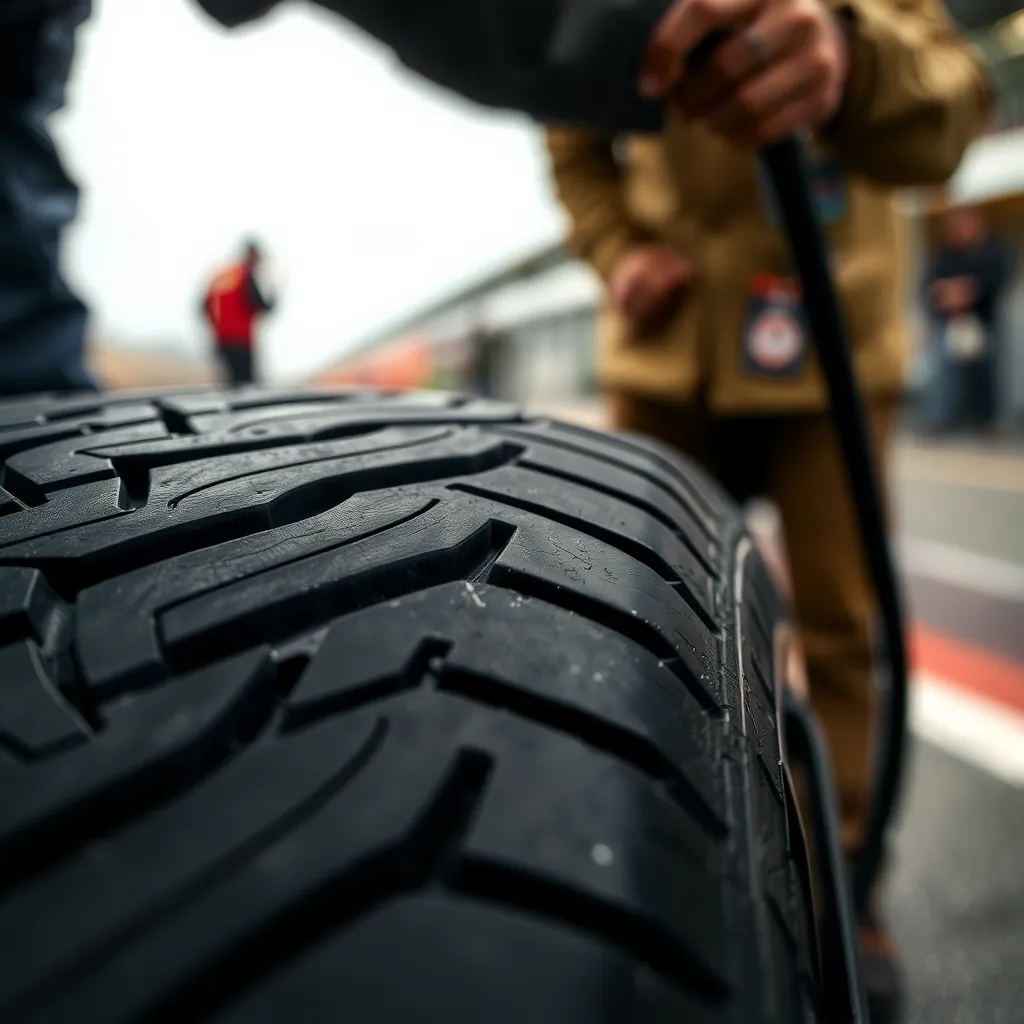 An intimate close-up of a Formula 1 tire during pre-race inspection, revealing the intricate details and wear patterns on the tread. The overcast daylight provides even illumination, enhancing the textures visible on the tire. With a focus on the unique design, this image captures the meticulous nature of tire analysis in motorsport, reflecting the seriousness and precision required in Formula 1.