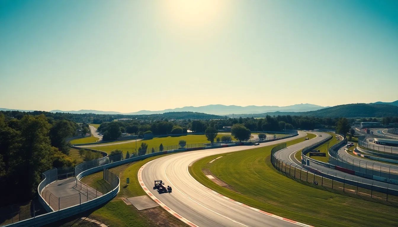 A sweeping view of a Formula 1 racetrack showcases cars speeding along curves under a clear blue sky. Morning light beautifully illuminates the scene, highlighting the lush green landscape surrounding the track. The image captures the excitement of race day, with a focus on the balance between the cars and the stunning natural backdrop. This scenic panorama conveys the thrill of motorsport in a vibrant setting.