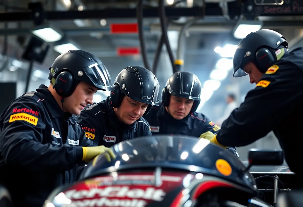 An energetic pit stop scene in Formula 1, capturing the swift movements of mechanics working under bright studio lights. The application of butterfly lighting reveals the intensity and focus on their faces while creating a dramatic atmosphere. Vibrant colors enhance the urgency of the moment, and the shallow depth of field encapsulates the dynamic teamwork of the crew.