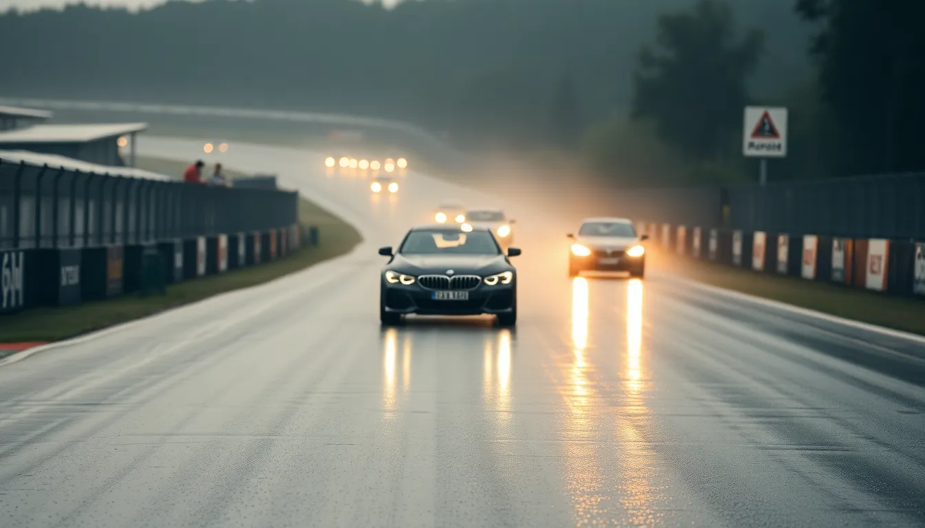 A dynamic scene of Formula 1 cars racing through a rain-soaked track, with droplets glistening on the asphalt. This image showcases the intense atmosphere of a wet race, highlighting the sharp lines of the track that lead the viewer’s gaze toward the approaching cars. The desaturated colors evoke a sense of drama, while the reflections on the wet surface add a unique layer of depth.