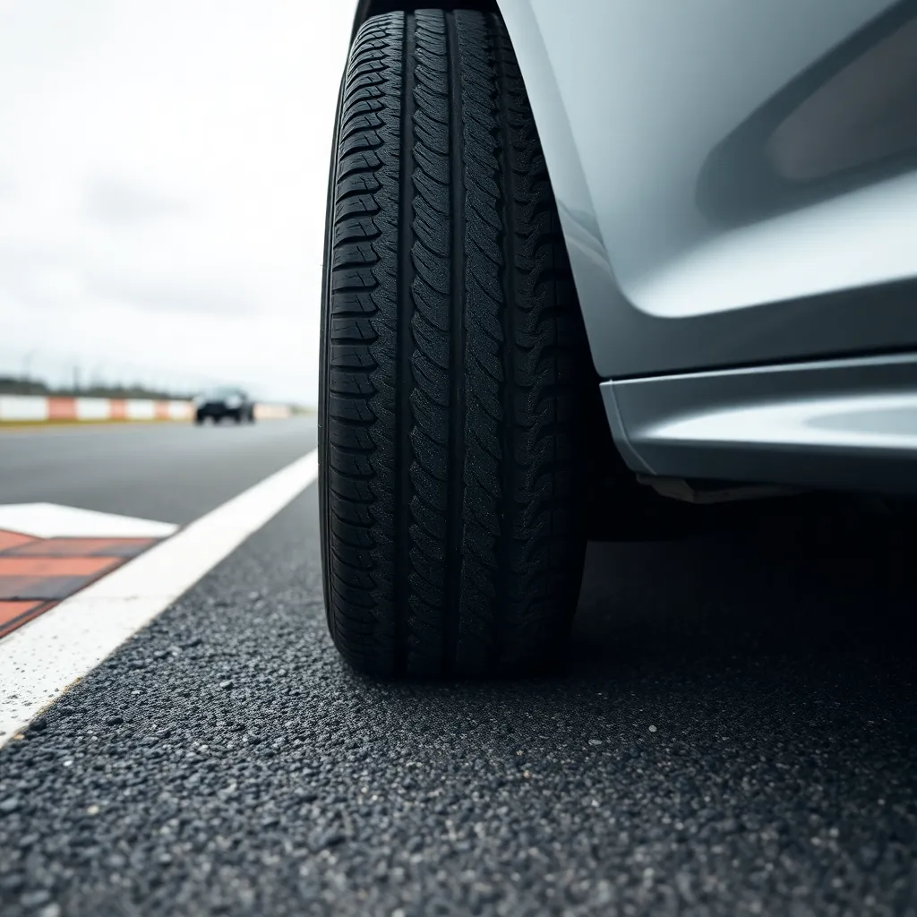 Close-Up of Formula 1 Tire on Track In this detailed close-up, a Formula 1 tire is captured as it makes contact with the track. The overcast conditions provide soft lighting that highlights the intricate textures of both the tire and the asphalt beneath. The muted color tones convey a sense of realism, while the centered symmetrical composition draws the viewer's eye directly to the action. This image powerfully illustrates the engineering and precision that goes into modern racing.