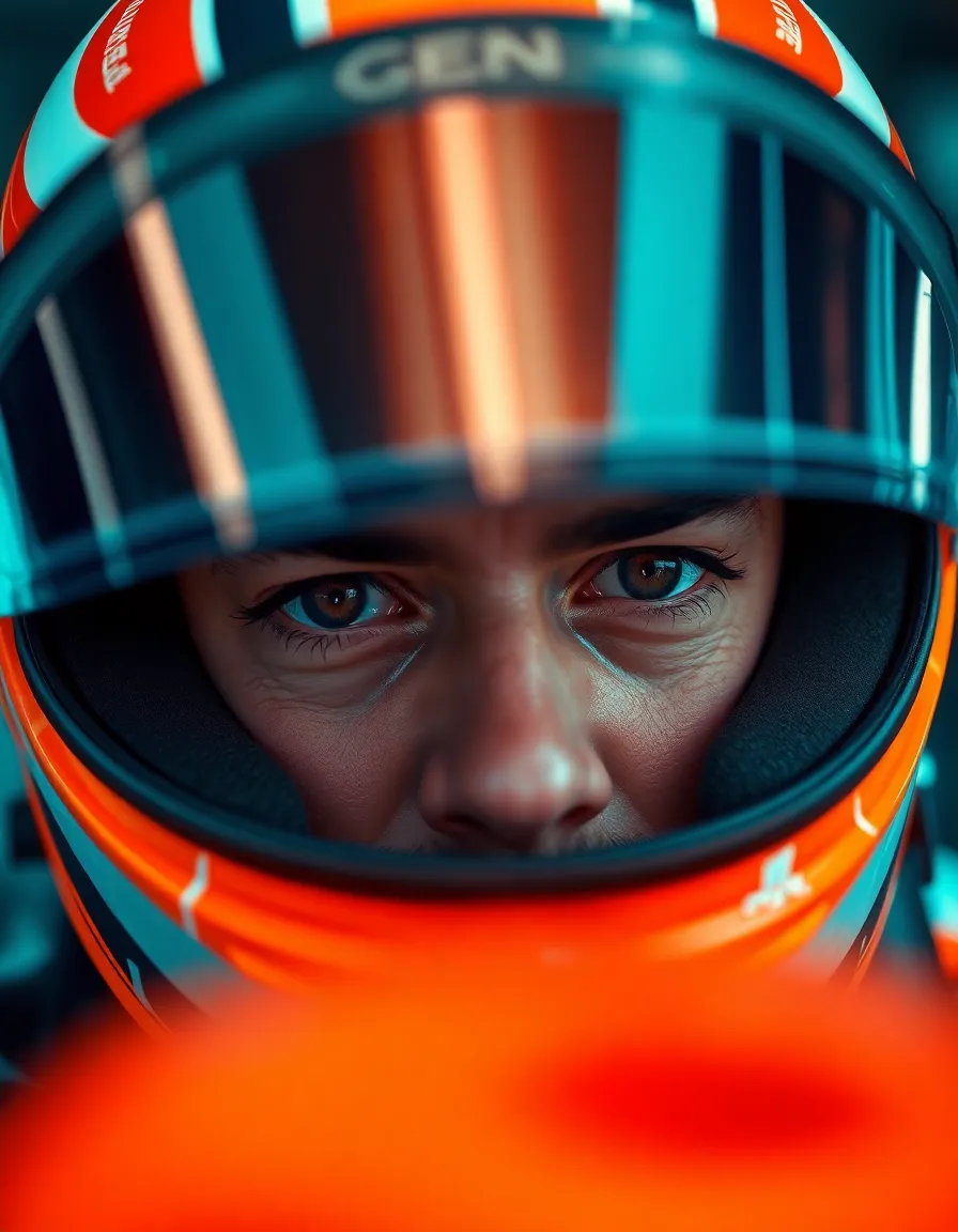 A close-up portrait of a Formula 1 driver moments before a race, showcasing intense focus. The dramatic lighting enhances the details on the driver's helmet, reflecting important sponsor logos. With a strong emphasis on the driver's eyes, the photograph captures the essence of competitive spirit in motorsports. The cinematic color grading adds depth and mood to the image.