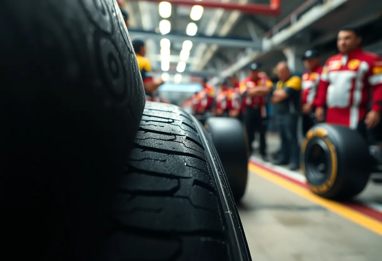 An intense moment captured in the pit lane as a Formula 1 tire is prepared for a quick change. The image focuses sharply on the tire, revealing intricate tread details and texture, while soft bokeh blurs the bustling crew behind. Overhead lighting creates a dramatic effect, enhancing the rubber's natural colors against the striking team uniforms. This close-up highlights the precision and speed of pit stops, capturing the essence of Formula 1 racing.