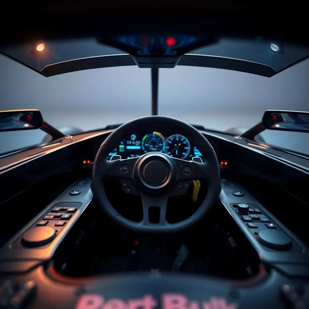 This image captures an intricate close-up of a Formula 1 car's cockpit, revealing the high-tech design and instrumentation. Soft studio lighting enhances the details of the steering wheel and dashboard, reflecting the sophistication of modern racing technology. A shallow depth of field creates a mesmerizing bokeh effect, focusing on the steering wheel while surrounding elements elegantly fade away. The sleek color palette of blacks and blues conveys a sense of innovation and speed.