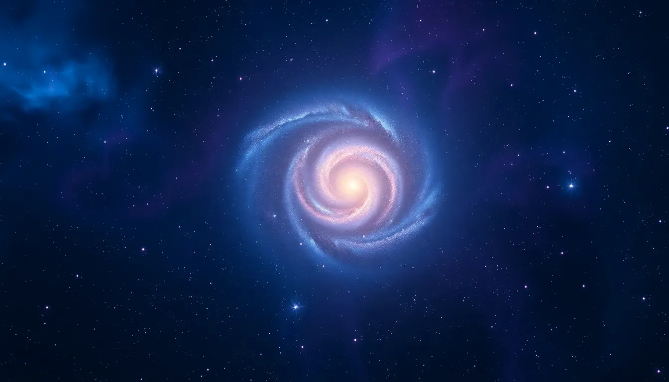 This stunning image captures a majestic spiral galaxy surrounded by vibrant nebulae in shades of blue and purple. The ethereal lighting creates a dreamlike quality, while the soft bokeh adds depth to the cosmic scene. Centered on the galaxy, the composition draws viewers in with leading lines of starlight, presenting the surreal textures of the swirling gases in space. Ideal for any astronomy enthusiast or celestial art collection.
