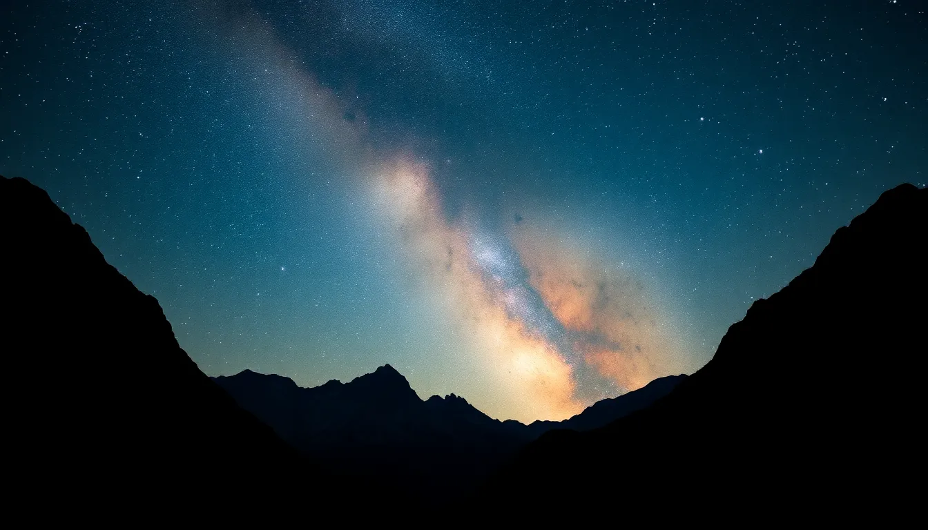 Majestic Milky Way Over Silhouetted Mountains This breathtaking image captures the Milky Way galaxy as it stretches majestically across a clear night sky. Silhouetted mountain peaks in the foreground add a sense of scale and drama, beautifully illuminated by natural moonlight. The hyperfocal depth of field keeps both the stunning stars and rugged mountains in sharp focus. A natural color palette enhances the serene and awe-inspiring atmosphere of this celestial masterpiece.