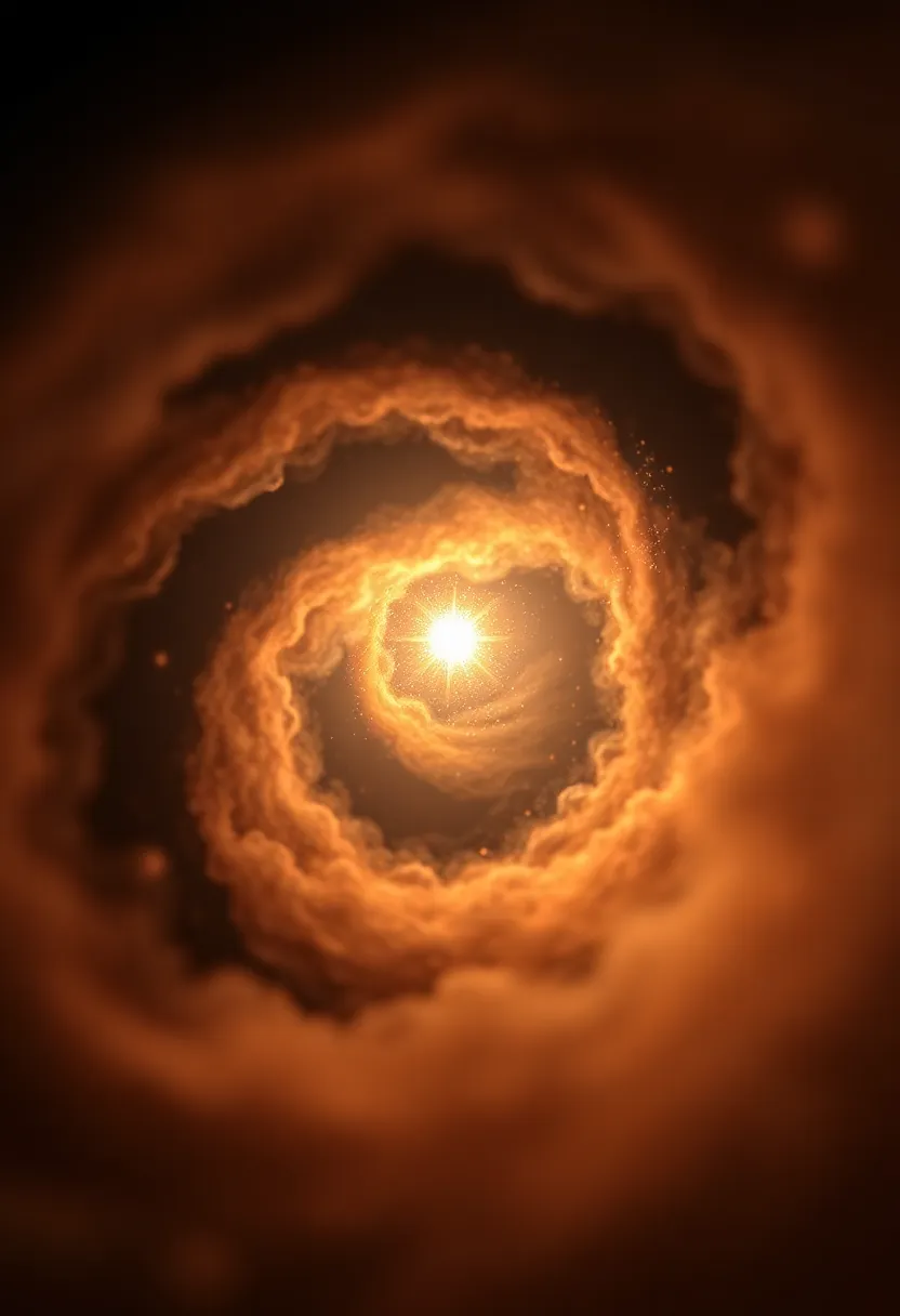 This breathtaking close-up image captures the delicate beauty of a cosmic dust cloud enveloping a newly forming star, showcasing the intricate dance of cosmic materials. Soft starlight creates a warm glow that highlights the dust particles, while the deep reds and soft golds convey an air of mystery. The focused star contrasts beautifully with the blurred, swirling dust in the background, creating a sense of depth and allure. The circular composition around the star draws the viewer's gaze, evoking wonder at the birth of a celestial body.