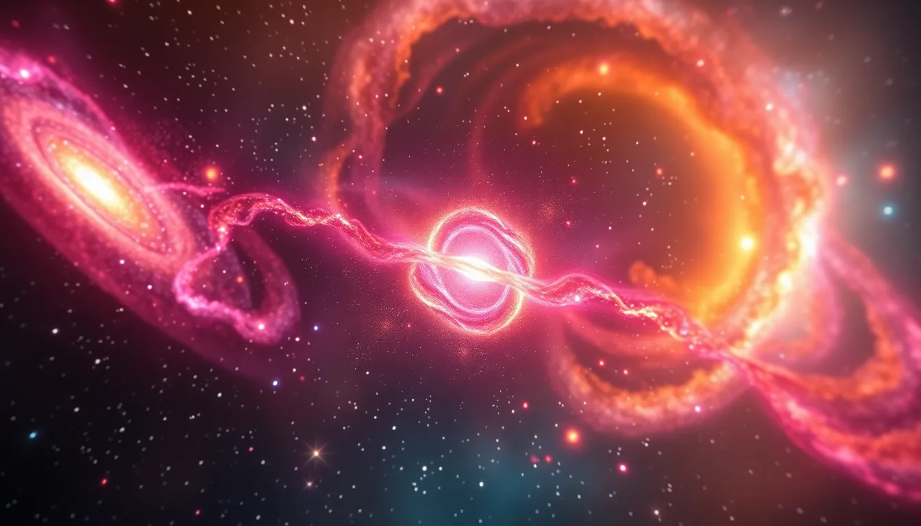 Dramatic Collision of Distant Galaxies This striking image depicts the dramatic collision of two distant galaxies, with vibrant colors swirling together in a celestial light show. Illuminated by the brilliance of nearby star formations, the galaxies appear alive and dynamic. A shallow depth of field enhances the focus on the galaxies against a blurred background of twinkling stars. The cinematic color grading adds to the drama, making this a captivating portrayal of cosmic events.