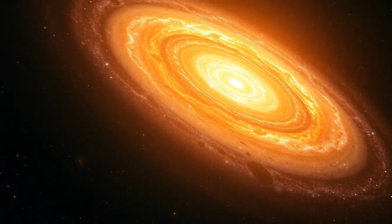 This striking image showcases an elliptical galaxy illuminated by the warm glow of golden hour light. Captured in rich detail, the scene exhibits the intricate textures of gas clouds and stars, enhanced by a cinematic teal and orange color grading. The hyperfocal depth of field ensures clarity throughout, while the dynamic Dutch angle composition injects energy and intrigue into the view. This cosmic photograph embodies the beauty and mystery of the universe, inviting viewers to ponder the depths of space.