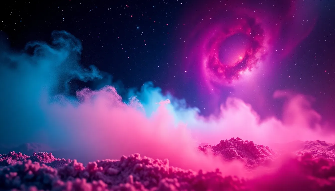 A vibrant image focusing on a cosmic dust cloud leading towards a stunning galactic vista. Illuminated by scattered light, the rich colors from deep blues to bright pinks create an eye-catching effect. The use of hyperfocal distance ensures sharp textures of the dust while the background features distant stars, inviting viewers into the depths of space. This image is ideal for astronomy enthusiasts and anyone captivated by the beauty of the cosmos.