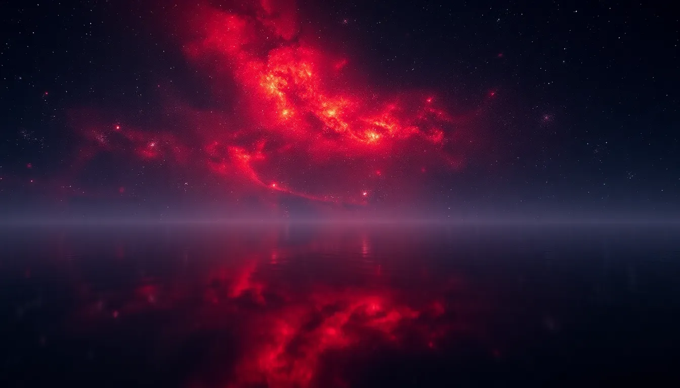 This enchanting image portrays a vibrant red galaxy reflected in a serene space lake, creating a mesmerizing visual. Soft ambient lighting casts a glow on the water's surface, contributing to the ethereal ambiance of the scene. The composition skillfully utilizes leading lines to guide the viewer's eye toward the galaxy, while the rich reds and oranges contrast beautifully with the deep indigo of space, perfect for showcasing cosmic beauty.