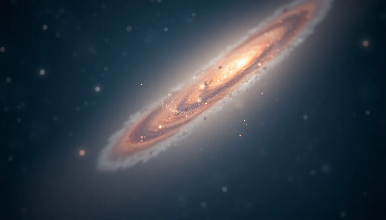 This serene image captures a distant galaxy calmly floating in the vastness of space, illuminated by the soft ambient light of nearby star clusters. The muted tones and desaturated colors provide a calming mood, while the narrow depth of field enhances the intricate textures of the galaxy. Framed against a field of stars, this composition evokes a sense of wonder and tranquility, perfect for those fascinated by the beauty of the universe.