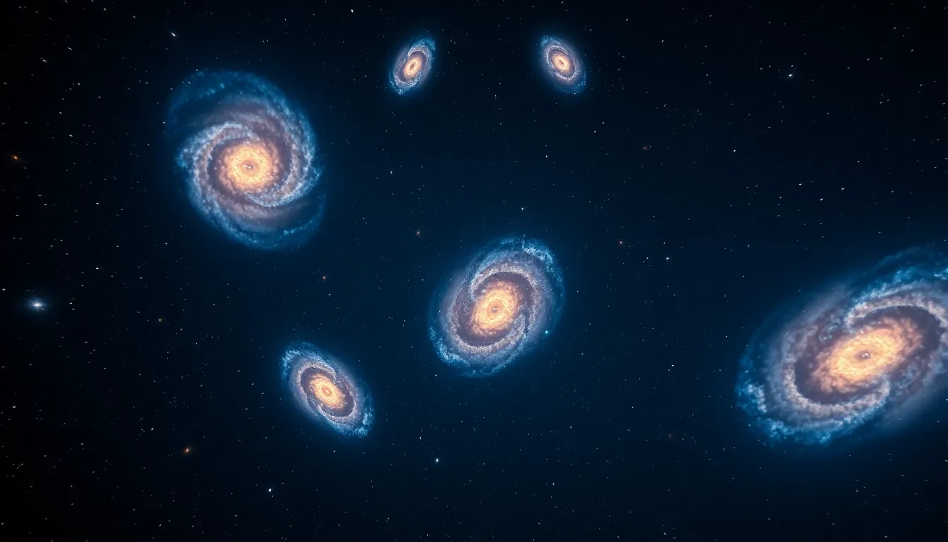 This captivating image portrays a celestial landscape where multiple galaxies gracefully swirl in a cosmic dance. Soft glows illuminate their unique colors, creating a harmonious and vibrant display against the backdrop of space. The centered symmetry in the composition draws the viewer’s eye directly to the galaxies, while the shallow depth of field adds a painterly aspect to the surrounding celestial expanse, making it ideal for space themes.