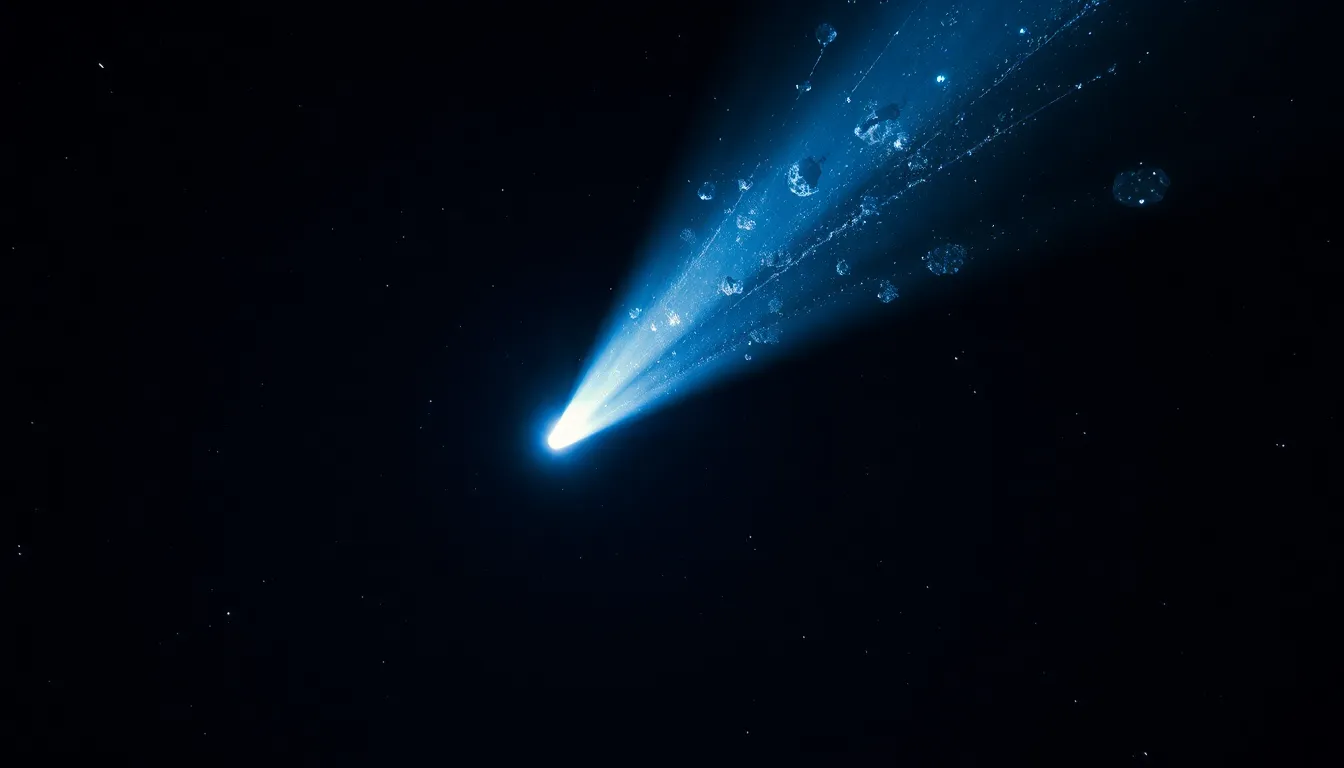Icy Comet Gliding Through Starry Skies This enchanting close-up image captures a comet as it streaks through the night sky, its vibrant tail glowing in icy blues and whites. Illuminated by starlight, the comet creates a sparkling effect that enhances its otherworldly beauty. The shallow depth of field blurs the surrounding stars, lending a dreamy quality to the scene. The overall composition centers the comet, drawing the viewer into the wonder of the cosmos.