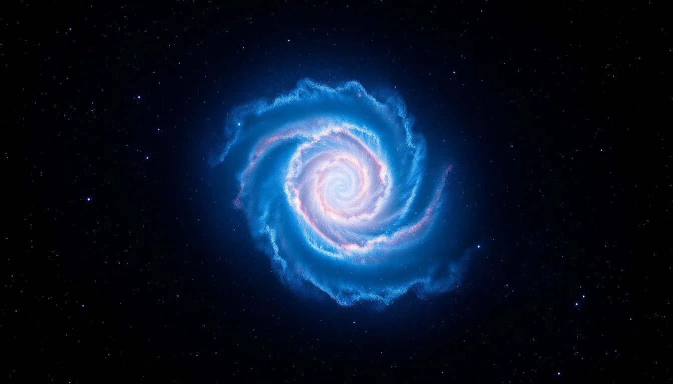 This stunning image captures a vibrant spiral galaxy illuminated against the vastness of space, with swirling colors of blue, pink, and white. The dramatic lighting enhances the depth and texture of gas clouds surrounding the stars, creating a mesmerising cosmic spectacle. Centered composition with a shallow focus draws the viewer’s eye to the galaxy’s intricate details, making it a captivating piece for any space-themed collection.