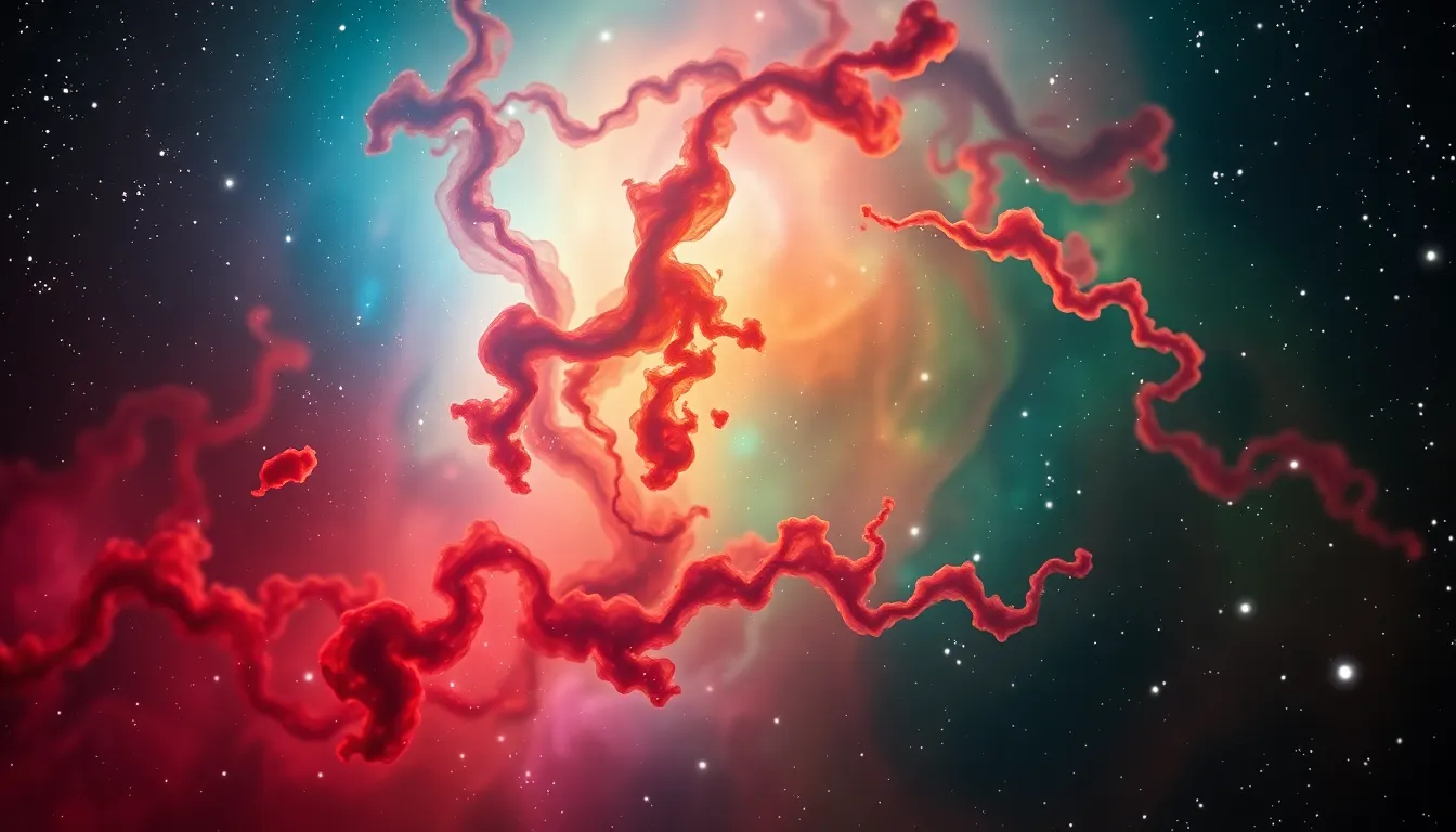 This mesmerizing image showcases a close-up of colorful nebulae within a vast galaxy, emphasizing the intricate details of cosmic gas and dust. Illuminated by distant stars, the nebulae swirl in a vibrant palette of saturated reds, greens, and blues, creating a mystical atmosphere. The use of a shallow depth of field draws attention to the foreground, while the dreamy bokeh in the background enhances the scene's ethereal feel. This piece invites the viewer to explore the wonders of the galaxy up close.