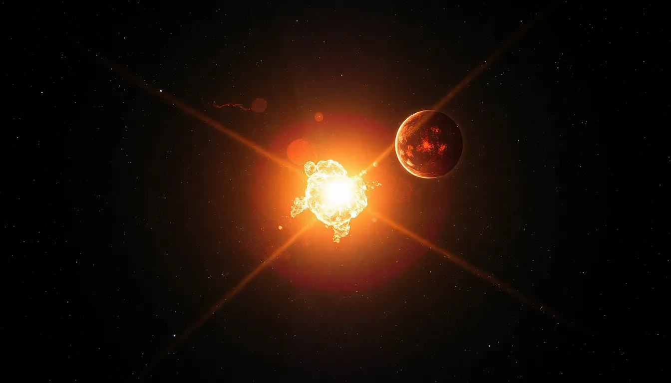 This stunning image portrays a supernova explosion radiating light and energy in the vastness of space. The vivid oranges and reds of the explosion contrast sharply with the cool, distant stars, creating a dramatic visual effect. Positioned off-center, the supernova draws the viewer’s eye while celestial bodies surround it in a mesmerizing display. The image encapsulates the spectacular beauty of cosmic events, inspiring awe and fascination.