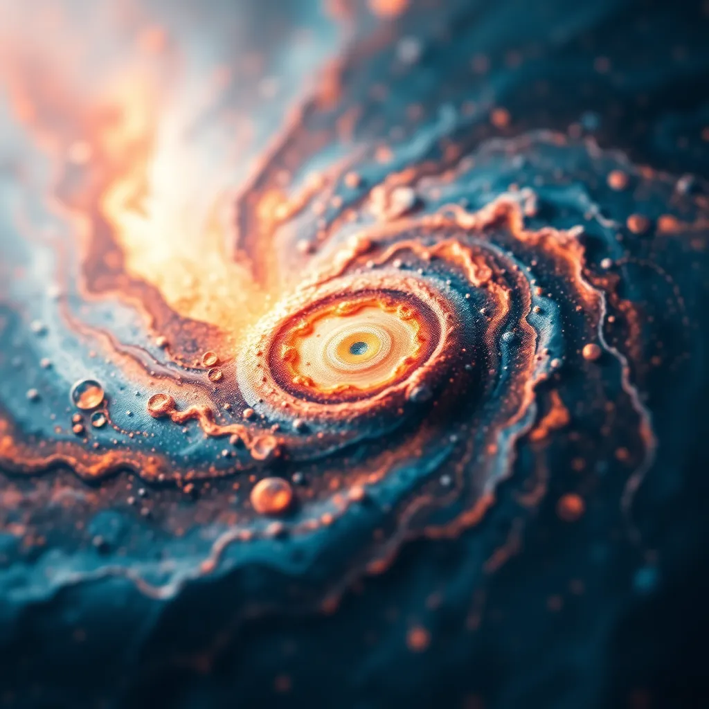 This abstract image interprets the essence of a galaxy through vibrant colors and intricate textures, creating a stunning visual representation of cosmic beauty. The interplay of light and shadow enhances the swirling patterns reminiscent of celestial bodies, while the cinematic color grading adds depth and intrigue. Captured with precision, the focus on details reveals the intricate beauty of the universe. The composition invites viewers to lose themselves in a dreamlike exploration of space.