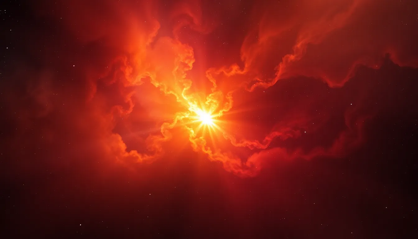 Luminous Nebula Surrounding a New Star This captivating image showcases a luminous nebula in the cosmos, framed by swirling gas and dust in vibrant hues of red and orange. A newly formed star shines brightly in the center, radiating warmth and light. The shallow depth of field creates a beautiful bokeh effect, enhancing the focus on the nebula's rich textures. The overall warmth and vibrancy of the colors evoke a sense of wonder, making it a striking portrayal of the universe.