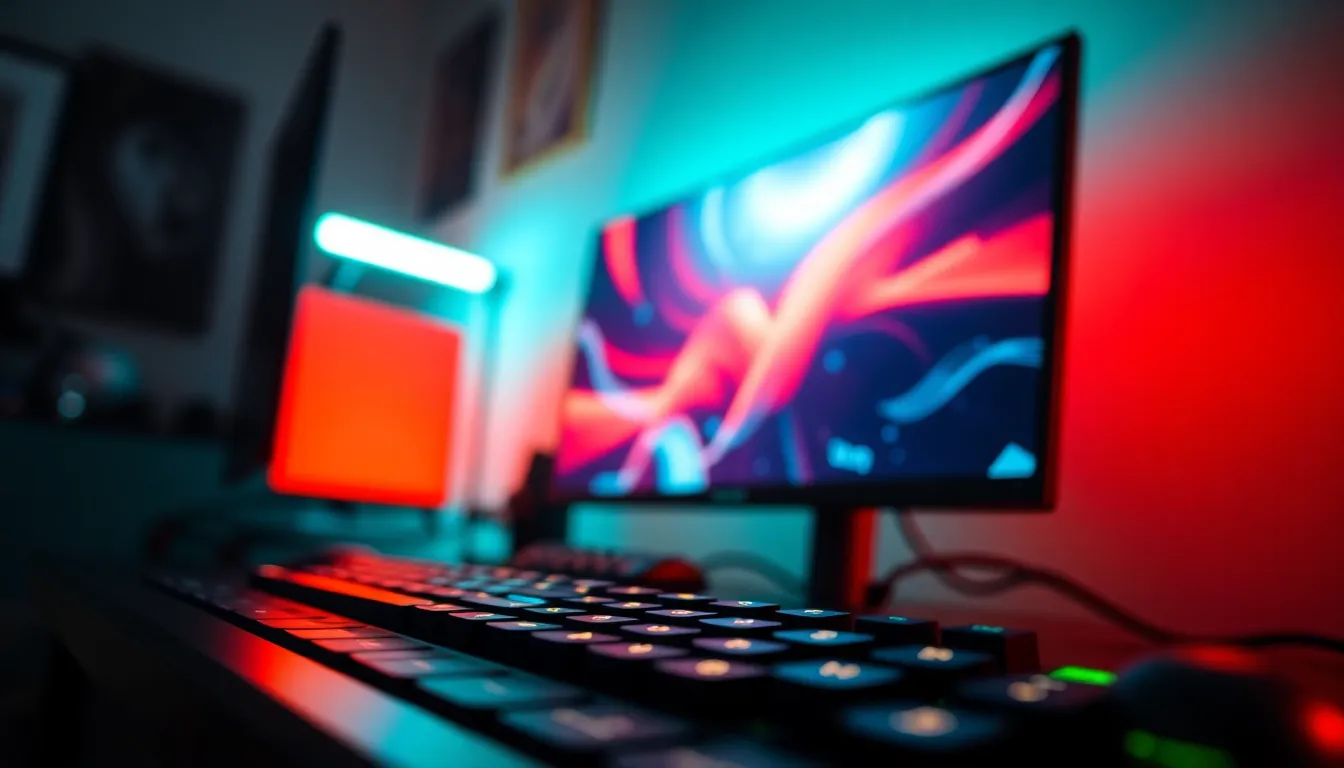 Vibrant Gaming Setup with LED Lighting This dynamic image presents a modern gaming setup featuring a high-resolution monitor illuminated by colorful LED lights. The low-angle shot emphasizes the sleek design of the equipment, creating an immersive atmosphere. The colorful keyboard in the foreground adds to the overall tech-centric mood, engaging viewers with its bright hues. Captured during the evening, the cinematic color grading enhances the high-tech feel, making the scene pop.