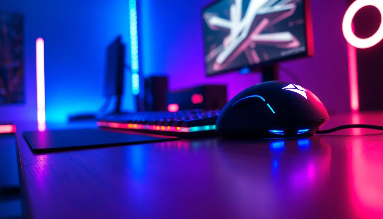 Dynamic Gaming Setup with RGB Lighting This image captures a modern gaming setup illuminated by ambient RGB lighting, presenting a sleek gaming desk with a high-tech mouse and keyboard. The vibrant blue and purple hues create a captivating cyberpunk atmosphere. The shallow depth of field focuses on the intricate details of the gaming equipment, while the background melts into a soft bokeh, allowing the subject to stand out. Perfect for showcasing gaming technology and modern interiors.