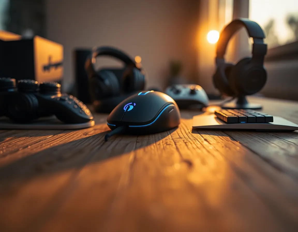 Artistic Arrangement of Gaming Gadgets This image presents a carefully arranged collection of gaming gadgets, including a sleek gaming mouse and headset, beautifully illuminated by the soft glow of golden hour. The macro shot captures intricate details, while selective focus emphasizes the central objects against a blurred background. Natural muted tones create a cozy atmosphere, and the textured wooden table enhances the overall composition. Perfect for showcasing the aesthetics of modern gaming technology in a warm and inviting setting.