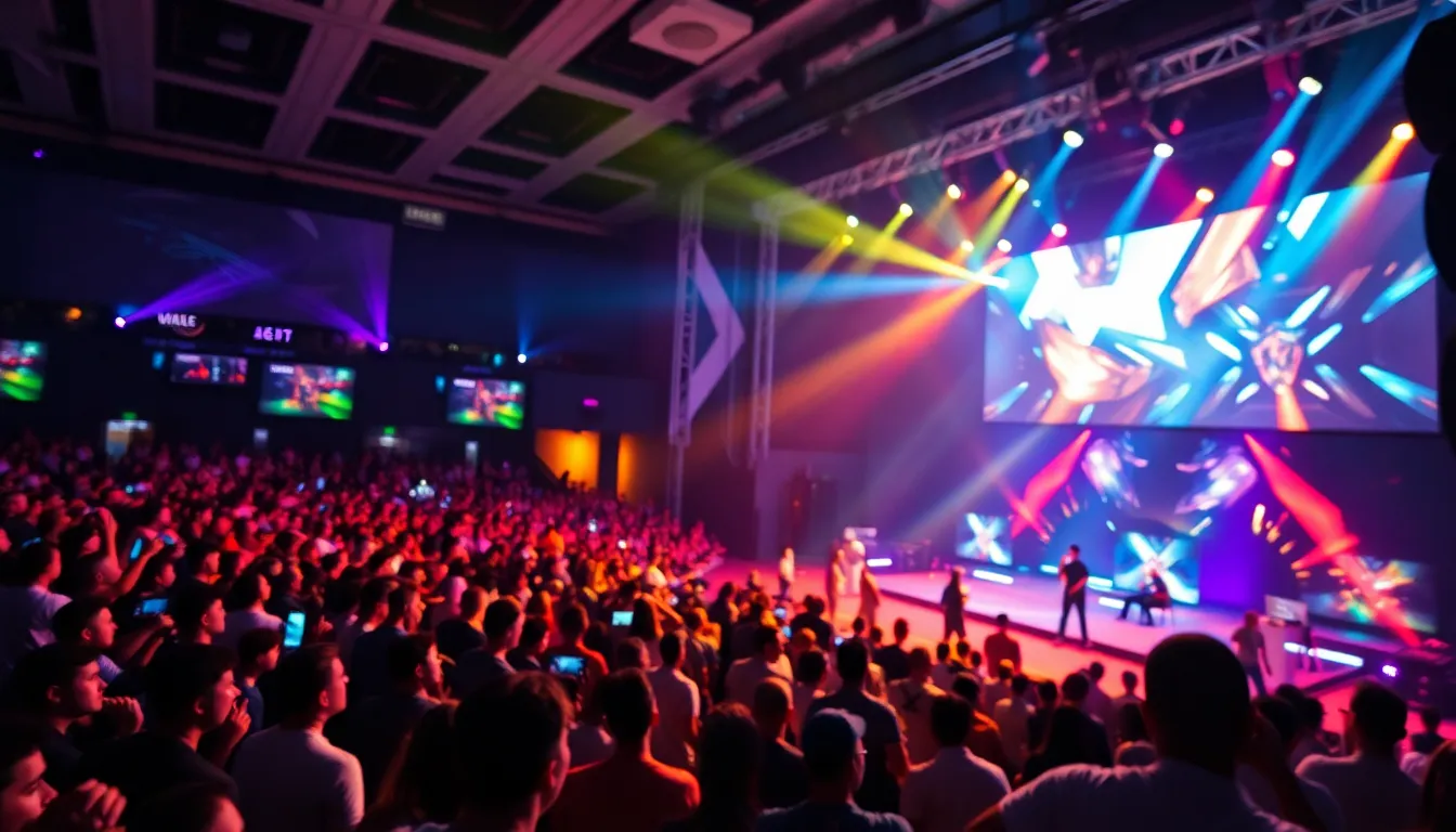 Esports Event with Intense Competition A vibrant capture of an esports event, showcasing intense competition on stage complemented by colorful lights and an excited audience. The image features leading lines guiding the viewer's eyes towards the action. A shallow depth of field isolates the competitors in sharp focus while the cheering crowd blends into a vivid backdrop. The atmosphere radiates energy and passion for gaming, making it a perfect representation of the esports phenomenon.