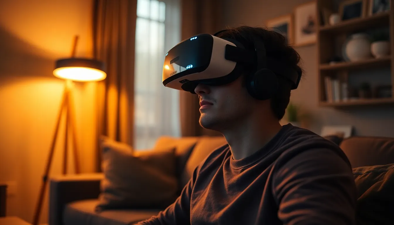 Gamer Immersed in Virtual Reality Experience This image captures a gamer deeply engaged in a virtual reality experience within a modern living room. The warm tones from the tungsten lighting create a cozy atmosphere, while the shallow depth of field highlights the player's expression. The inviting color palette and thoughtful composition enhance the scene's immersive quality, making it relatable to gaming enthusiasts.