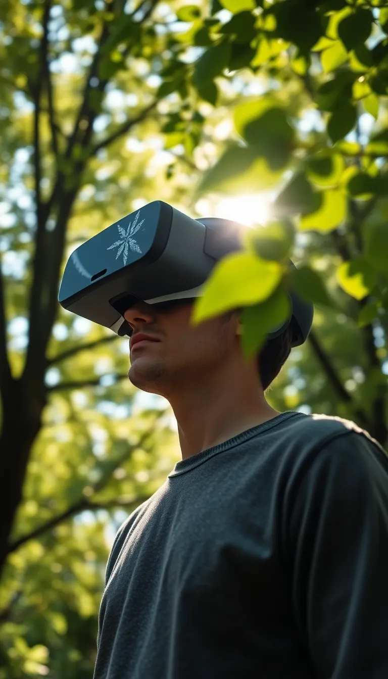 Gamer Immersed in Virtual Reality This captivating scene features a gamer deeply engrossed in a virtual reality experience, surrounded by lush greenery. Dappled sunlight creates a magical atmosphere, with bokeh highlights enhancing the immersive feel. The vibrant greens contrast beautifully with the neutral hues of the gaming headset and the subject’s attire. The composition draws the eye to the gamer's intense expression, showcasing the connection between nature and technology.