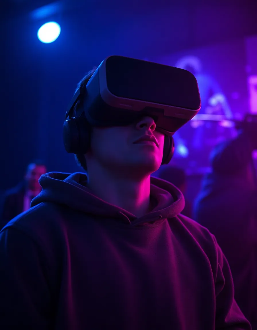 Gamer Immersed in Virtual Reality An intense portrait of a gamer fully immersed in a battle scene, adorned with a sleek VR headset. The dramatic lighting creates a moody atmosphere, with sharp focus on the gamer’s concentrated expression and blended backgrounds of abstract colors. The deep blues and purples evoke a sense of futuristic gaming experiences. This image portrays the essence of modern gaming culture, highlighting engagement and technology.