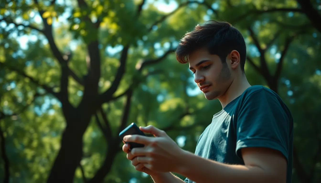 Gamer Playing on Portable Console in Nature