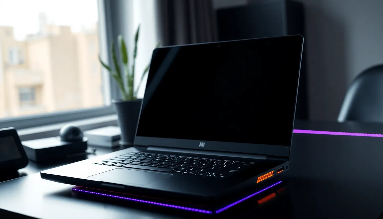 Sleek Gaming Laptop with Futuristic Design This image features a high-end gaming laptop on a sleek desk, highlighting its futuristic design complemented by ambient LED lighting. Soft natural light creates reflections that enhance the laptop's sophisticated materials. With a rich color palette and centered symmetrical composition, this shot is perfect for showcasing advanced gaming technology.