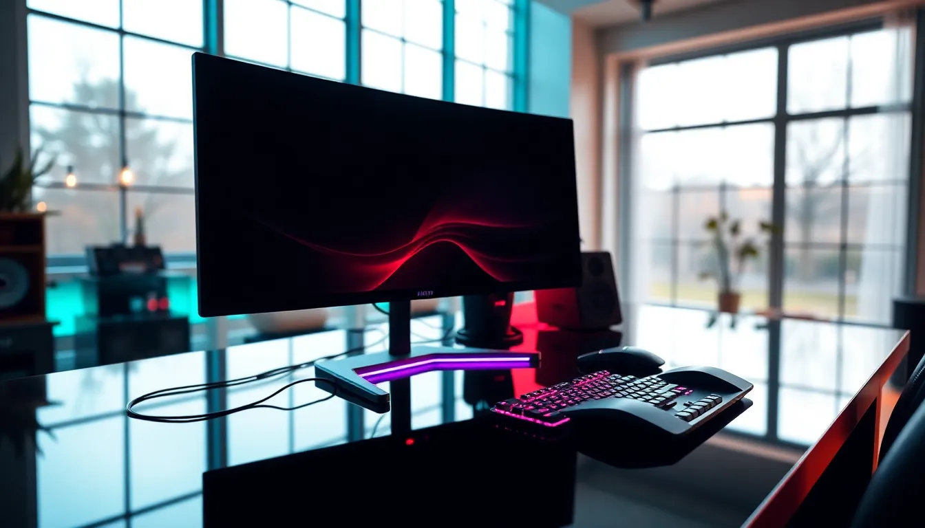 Modern Gaming Setup in Bright Natural Light A stunning modern gaming setup bathed in soft overcast daylight, highlighting a latest-model gaming monitor and a sleek gaming desk with RGB lighting. The image captures the dynamic contrast of teal and orange tones, creating a lively ambiance perfect for tech enthusiasts. The polished glass desk reflects the lights, adding depth to the composition, while a shallow focus draws attention to the gaming gear. This scene embodies high-tech sophistication and gaming culture.