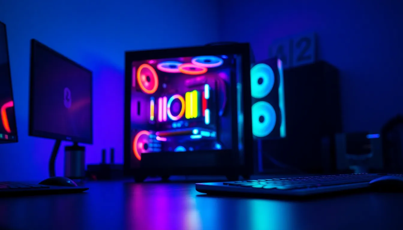 Futuristic Gaming PC Setup with RGB Lighting This photorealistic image captures a modern gaming setup, featuring a high-end gaming PC with vibrant RGB lighting. The ambient blue and purple hues create a moody atmosphere, while the sleek brushed aluminum surface gives a tech-savvy feel. The depth of field isolates the stunning components, allowing for a focused view against a softly blurred background. This is perfect for showcasing advanced gaming technology in digital and print media.