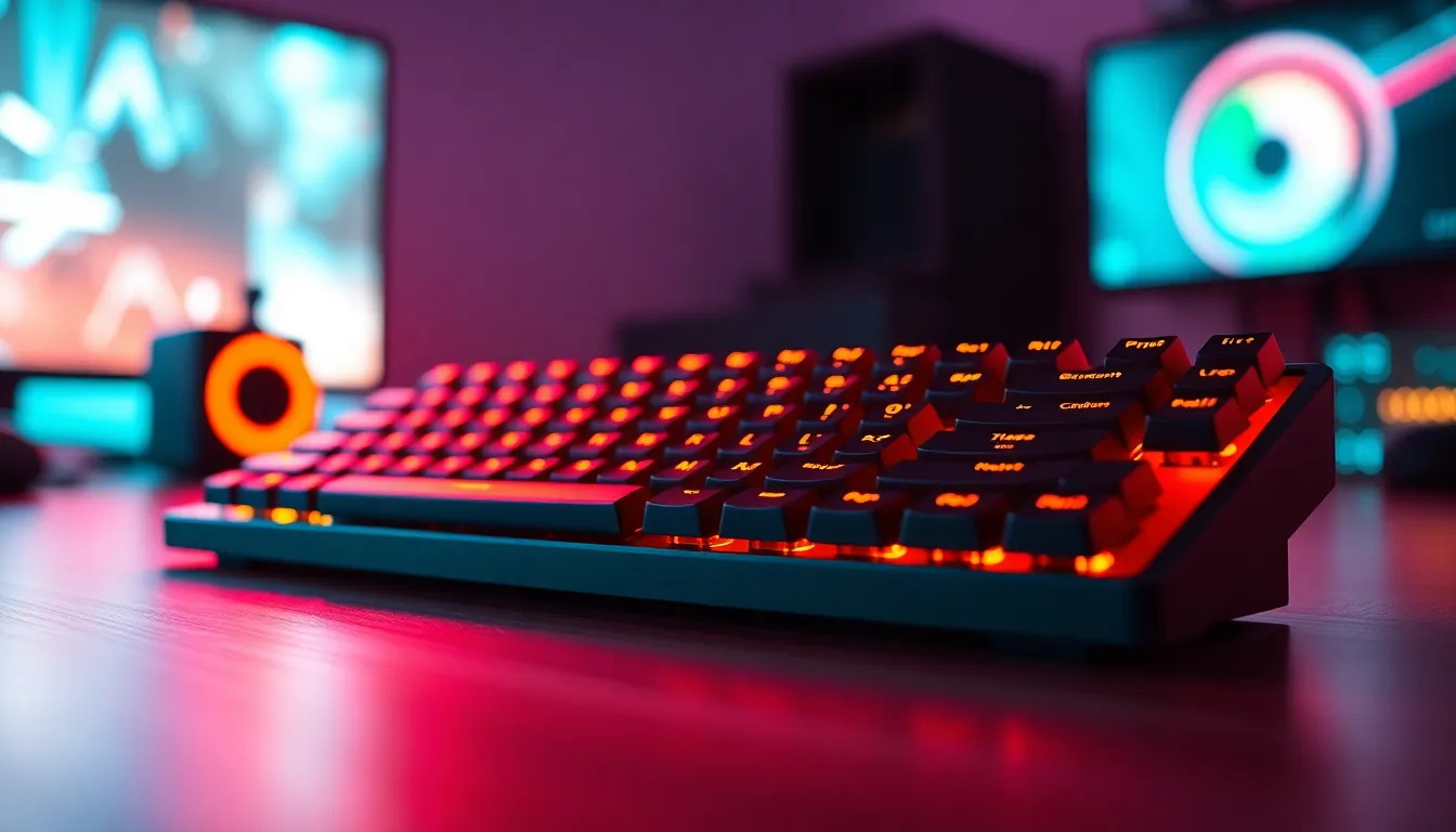 Vibrant Gaming Keyboard with RGB Lighting This image captures a close-up of a high-tech gaming keyboard illuminated by RGB lighting, creating a vibrant and immersive atmosphere. The dramatic side lighting enhances the glossy keycap details, while the blurred background adds depth. The cinematic teal and orange color grading sets a dynamic tone, making it perfect for tech enthusiasts. The textured surface of the keyboard showcases intricate designs, highlighting the premium quality of gaming gear.