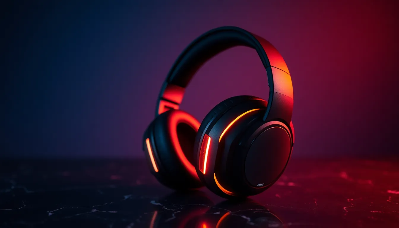 Modern Gaming Headset on Marble Surface This image features a state-of-the-art gaming headset elegantly displayed on a textured black marble surface. The low-key studio lighting creates dramatic contrasts, highlighting the sleek curves and details of the headset. With a cinematic teal and orange color grading, the photograph evokes a modern tech aesthetic. The shallow depth of field ensures the headset remains the focal point, drawing the viewer’s attention effortlessly.