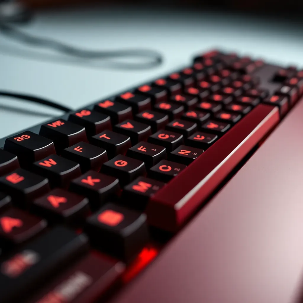 Close-Up of a Mechanical Gaming Keyboard An exquisite close-up shot of a mechanical gaming keyboard, capturing the fine details of its shiny keys and custom keycaps under bright studio lighting. The vivid saturation of reds and blacks brings out the keyboard's modern design, contributing to a striking visual effect. Each component is meticulously focused, showcasing the craftsmanship behind gaming tech. This image encapsulates the beauty and precision of high-performance gear.